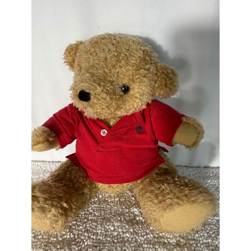 Ralph Lauren Teddy Bear Plush Tan Curly Fur Red Polo Shirt Collectible 11 inch